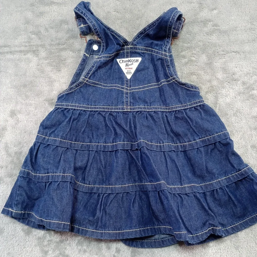 OshKosh B'gosh Overall Dress Girls 18 mos Vestbak Denim Jean Ruffles 100% Cotton